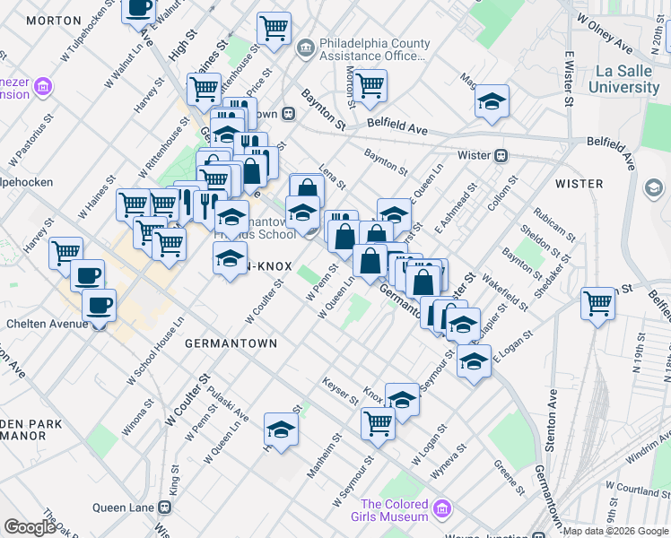 map of restaurants, bars, coffee shops, grocery stores, and more near 1 Penn Court in Philadelphia