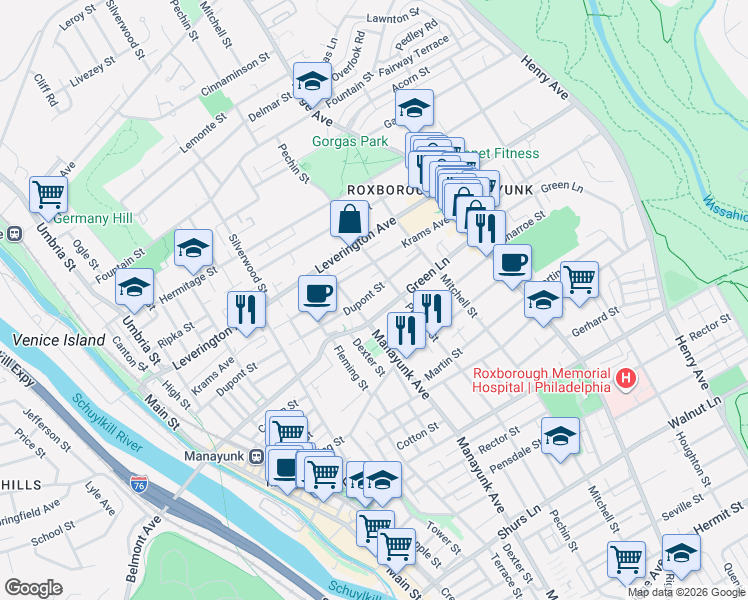 map of restaurants, bars, coffee shops, grocery stores, and more near 386 Dupont Street in Philadelphia