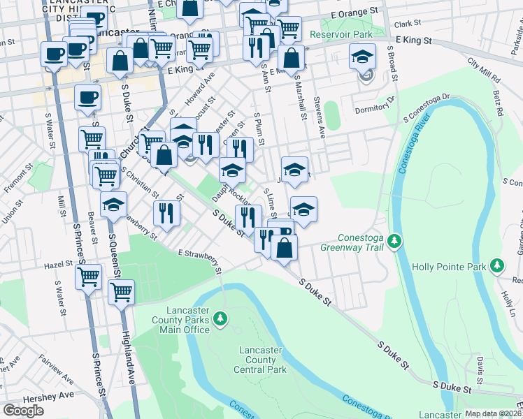 map of restaurants, bars, coffee shops, grocery stores, and more near 758 South Lime Street in Lancaster