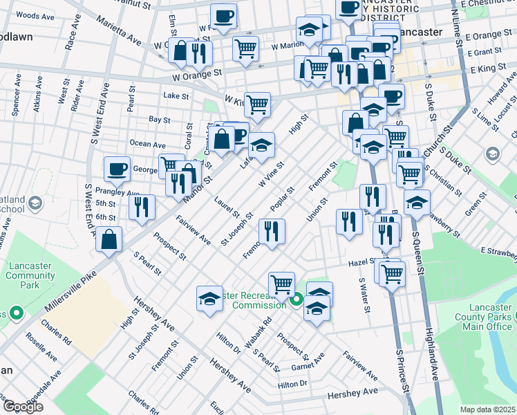 map of restaurants, bars, coffee shops, grocery stores, and more near 642 Saint Joseph Street in Lancaster