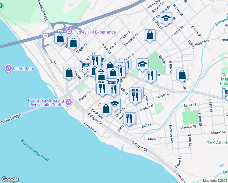 map of restaurants, bars, coffee shops, grocery stores, and more near 336 Locust Street in Columbia