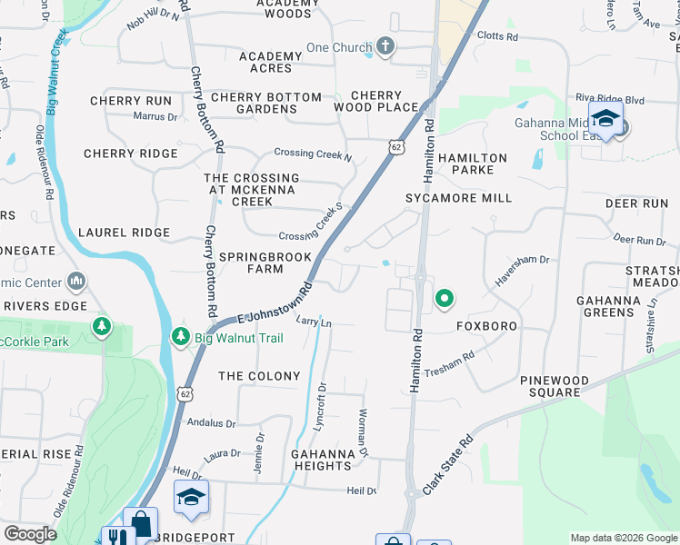 map of restaurants, bars, coffee shops, grocery stores, and more near 562 Jacob Close in Gahanna