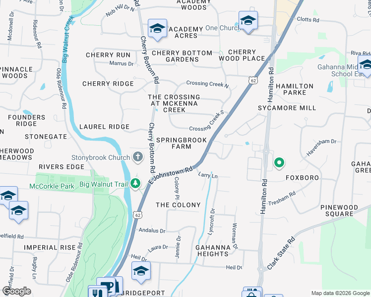 map of restaurants, bars, coffee shops, grocery stores, and more near 239 Springbrook Drive in Columbus