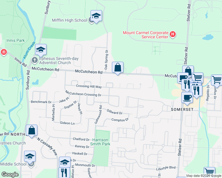 map of restaurants, bars, coffee shops, grocery stores, and more near 3395 Crossing Hill Way in Columbus