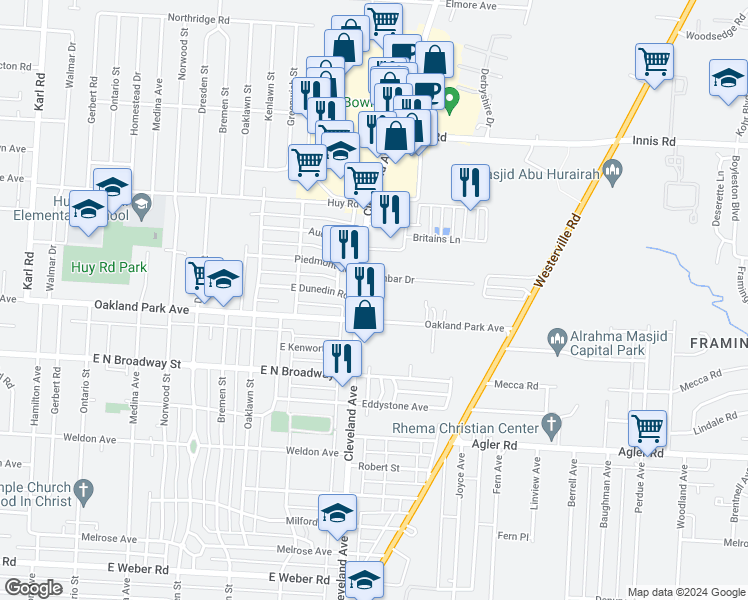 map of restaurants, bars, coffee shops, grocery stores, and more near 3170 Cleveland Avenue in Columbus