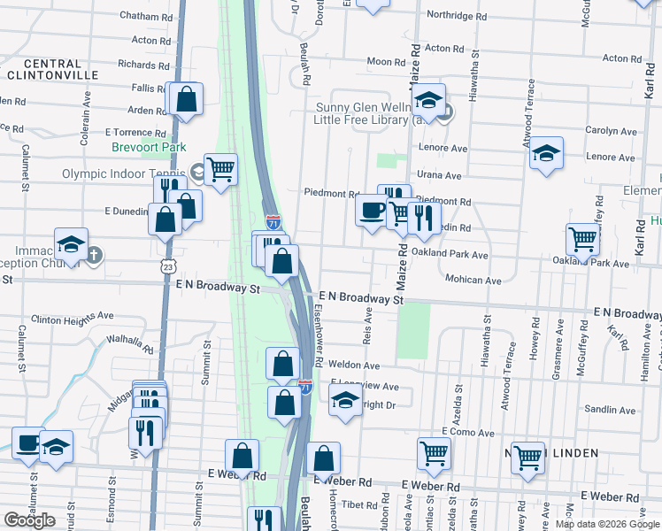 map of restaurants, bars, coffee shops, grocery stores, and more near 3296 Eisenhower Road in Columbus