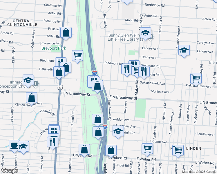map of restaurants, bars, coffee shops, grocery stores, and more near 3296 Eisenhower Road in Columbus