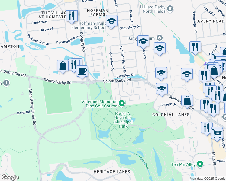 map of restaurants, bars, coffee shops, grocery stores, and more near 3987 Hill Park Road in Hilliard