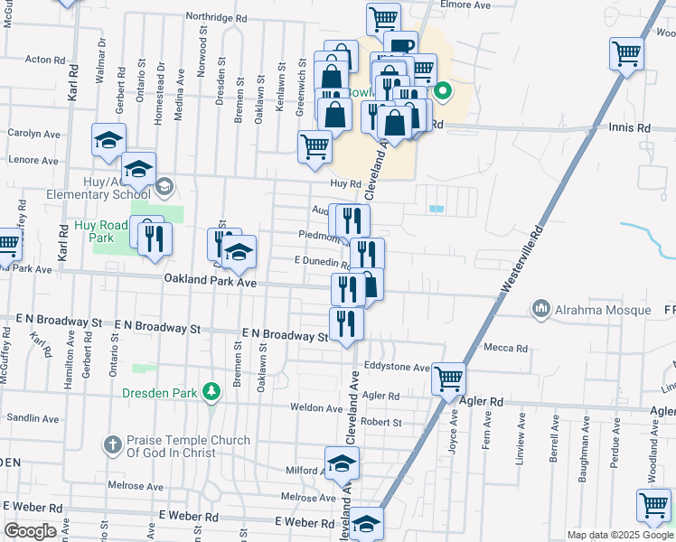 map of restaurants, bars, coffee shops, grocery stores, and more near 1795 E Dunedin Rd in Columbus