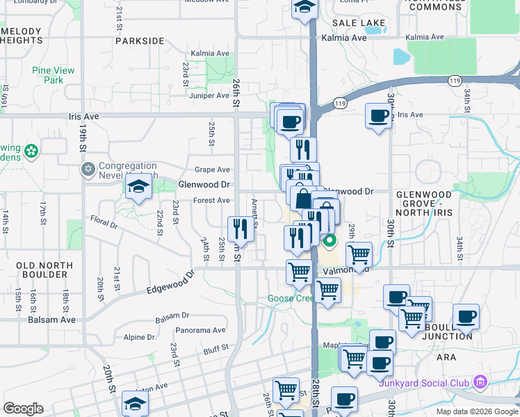 map of restaurants, bars, coffee shops, grocery stores, and more near 3151 Westwood Court in Boulder