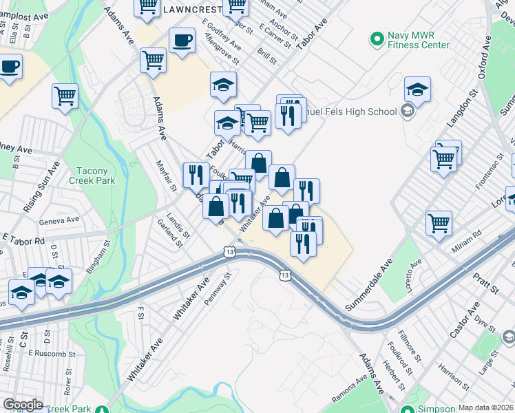 map of restaurants, bars, coffee shops, grocery stores, and more near 1330 Foulkrod Street in Philadelphia
