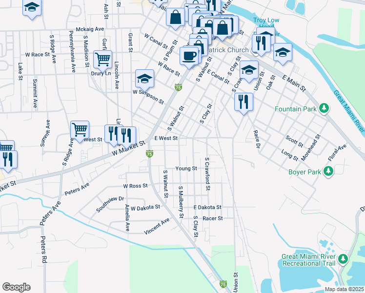 map of restaurants, bars, coffee shops, grocery stores, and more near 719 South Mulberry Street in Troy