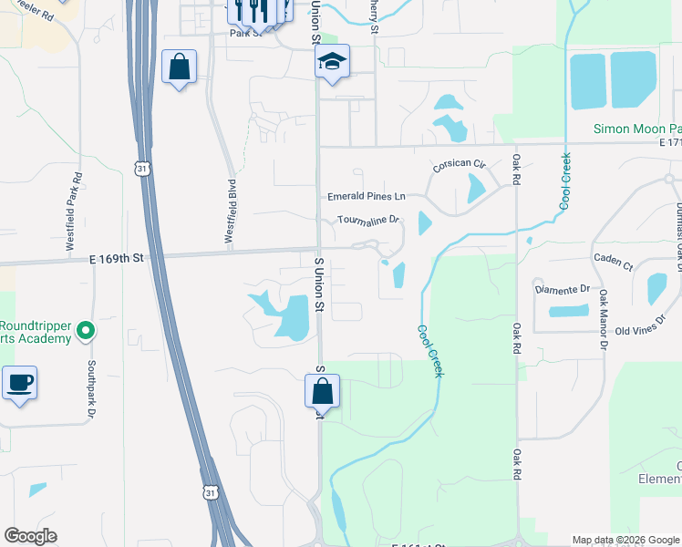 map of restaurants, bars, coffee shops, grocery stores, and more near 1001 South Union Street in Westfield