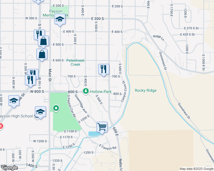 map of restaurants, bars, coffee shops, grocery stores, and more near 754 S 600 E in Payson