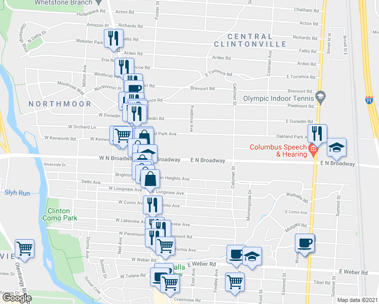 map of restaurants, bars, coffee shops, grocery stores, and more near 138 East North Broadway in Columbus