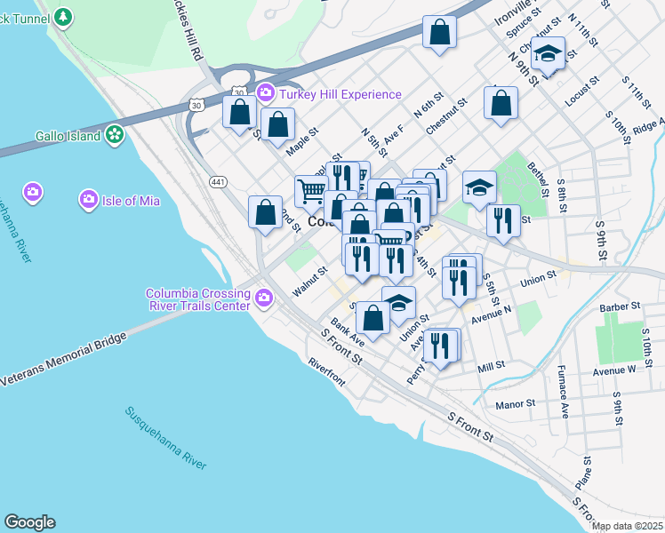 map of restaurants, bars, coffee shops, grocery stores, and more near 210 Walnut Street in Columbia