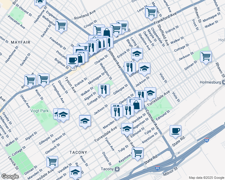map of restaurants, bars, coffee shops, grocery stores, and more near 7159 Cottage Street in Philadelphia