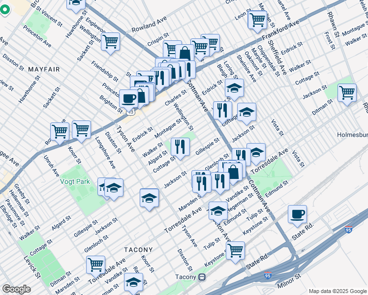 map of restaurants, bars, coffee shops, grocery stores, and more near 7134 Cottage Street in Philadelphia