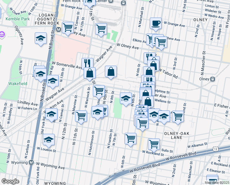 map of restaurants, bars, coffee shops, grocery stores, and more near 739 West Wellens Street in Philadelphia