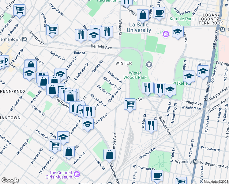 map of restaurants, bars, coffee shops, grocery stores, and more near 325 Shedaker Street in Philadelphia