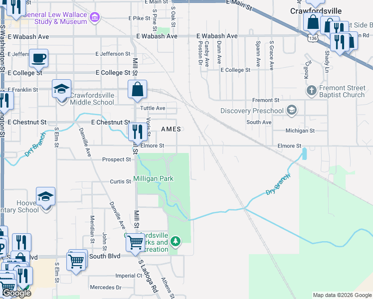 map of restaurants, bars, coffee shops, grocery stores, and more near 1103 Elmore Street in Crawfordsville