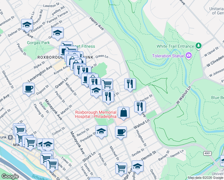 map of restaurants, bars, coffee shops, grocery stores, and more near 5928 Houghton Street in Philadelphia