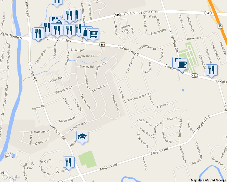 map of restaurants, bars, coffee shops, grocery stores, and more near 223 Browning Road in Lancaster