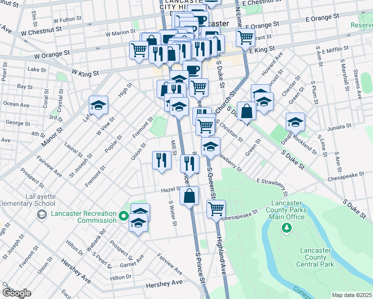 map of restaurants, bars, coffee shops, grocery stores, and more near 337 S Prince St in Lancaster