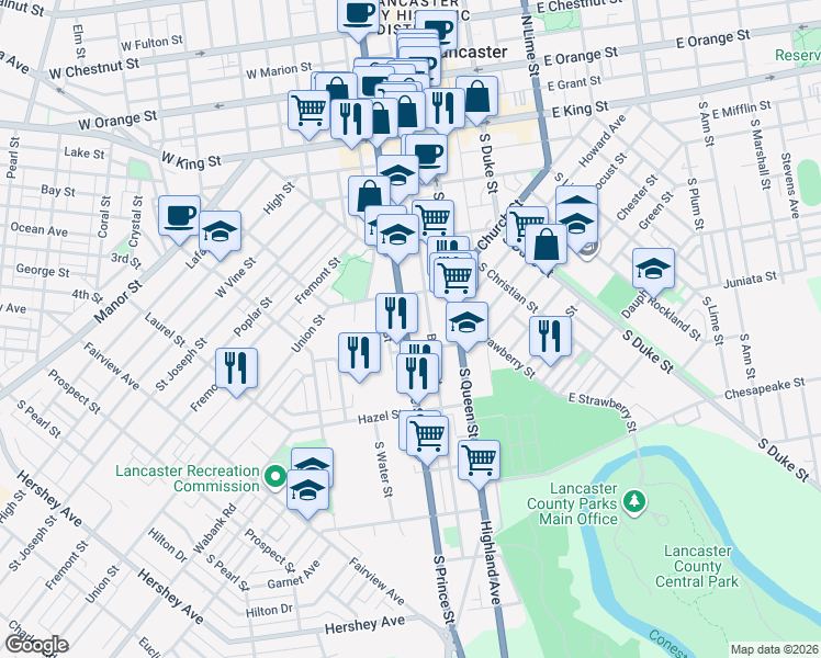 map of restaurants, bars, coffee shops, grocery stores, and more near 337 South Prince Street in Lancaster