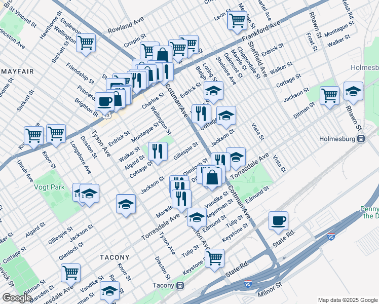 map of restaurants, bars, coffee shops, grocery stores, and more near 7213 Gillespie Street in Philadelphia