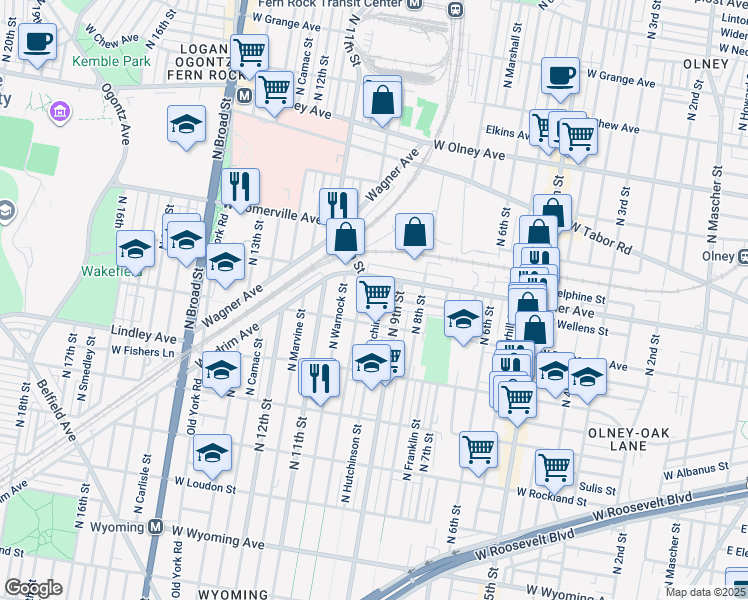 map of restaurants, bars, coffee shops, grocery stores, and more near 5236 North Hutchinson Street in Philadelphia