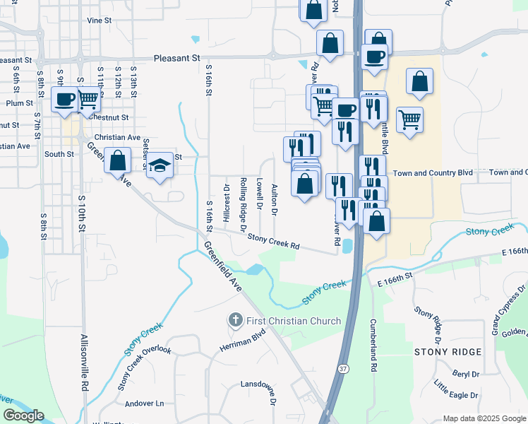 map of restaurants, bars, coffee shops, grocery stores, and more near 16714 Lowell Drive in Noblesville