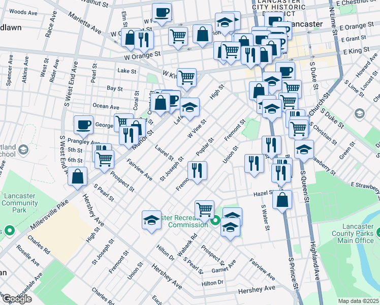 map of restaurants, bars, coffee shops, grocery stores, and more near 642 Saint Joseph Street in Lancaster