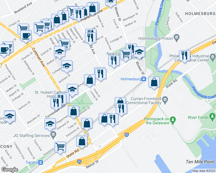 map of restaurants, bars, coffee shops, grocery stores, and more near 4742 Marple Street in Philadelphia