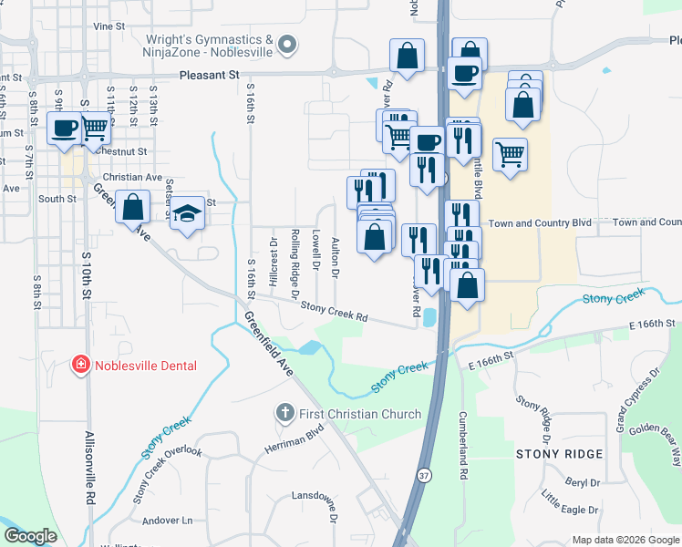 map of restaurants, bars, coffee shops, grocery stores, and more near 16712 Aulton Drive in Noblesville