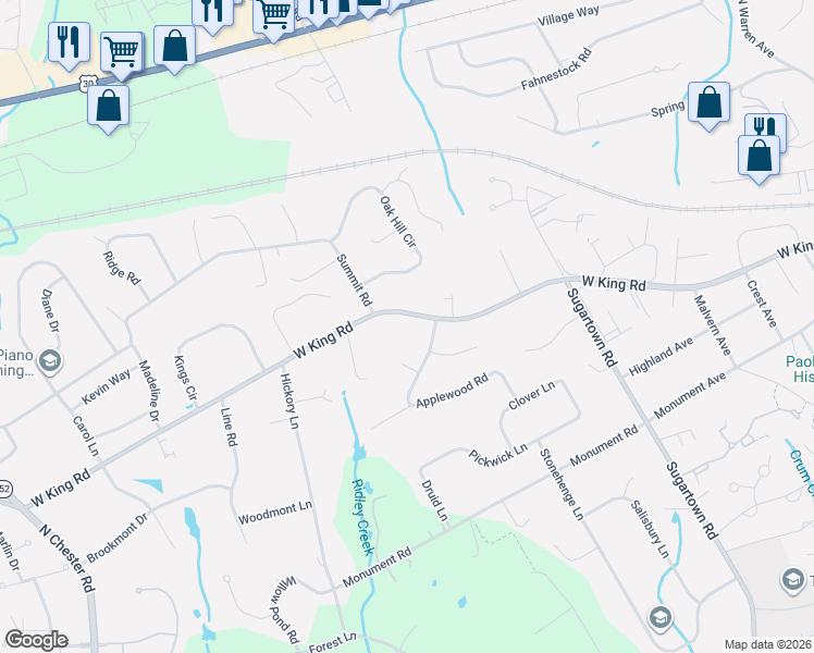 map of restaurants, bars, coffee shops, grocery stores, and more near 826 West King Road in Malvern