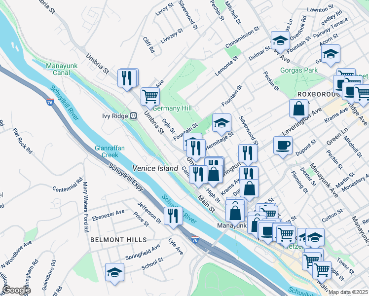 map of restaurants, bars, coffee shops, grocery stores, and more near 4715 Umbria Street in Philadelphia