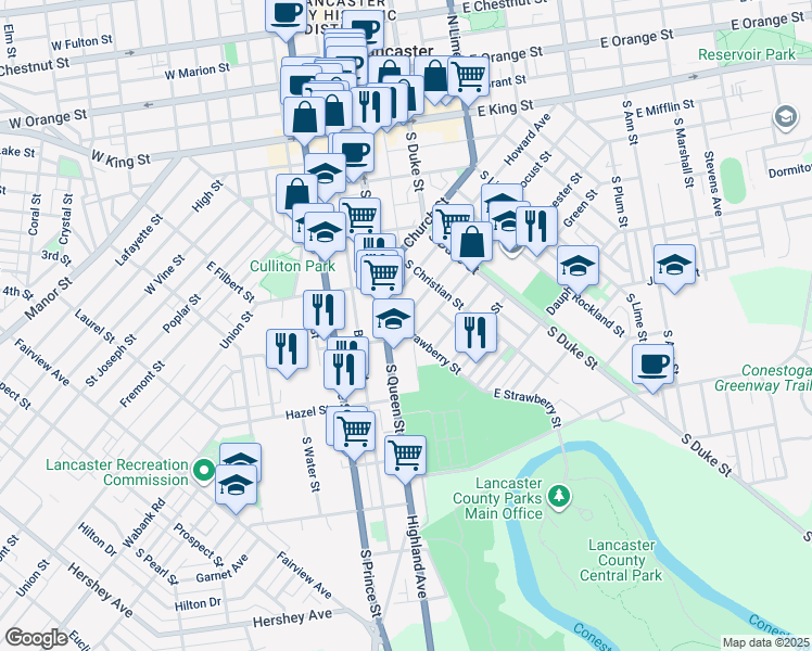 map of restaurants, bars, coffee shops, grocery stores, and more near 427 East Strawberry Street in Lancaster