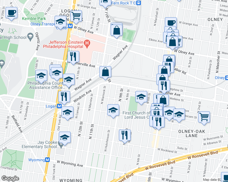 map of restaurants, bars, coffee shops, grocery stores, and more near 5236 North Hutchinson Street in Philadelphia