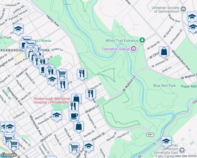 map of restaurants, bars, coffee shops, grocery stores, and more near 5876 Magdalena Street in Philadelphia