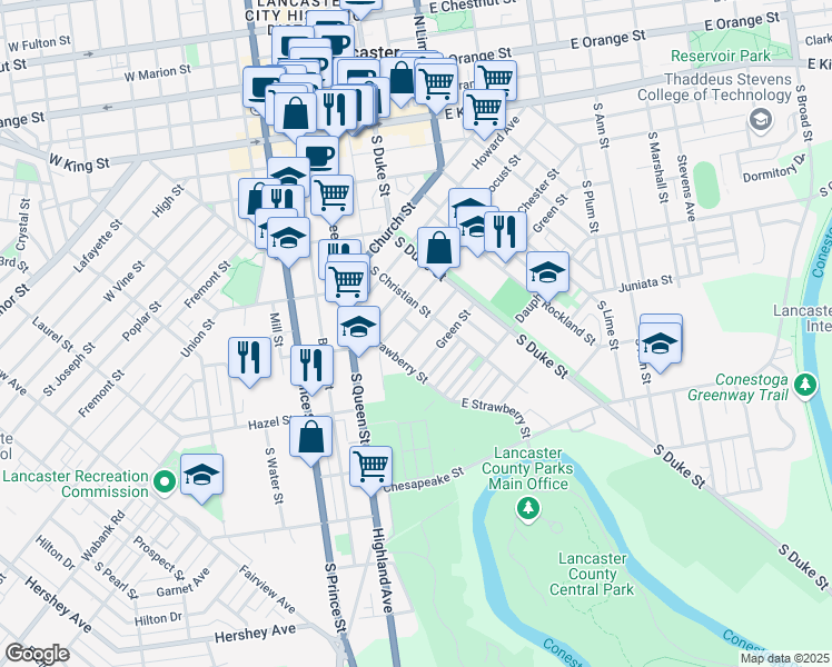 map of restaurants, bars, coffee shops, grocery stores, and more near 472 Atlantic Avenue in Lancaster