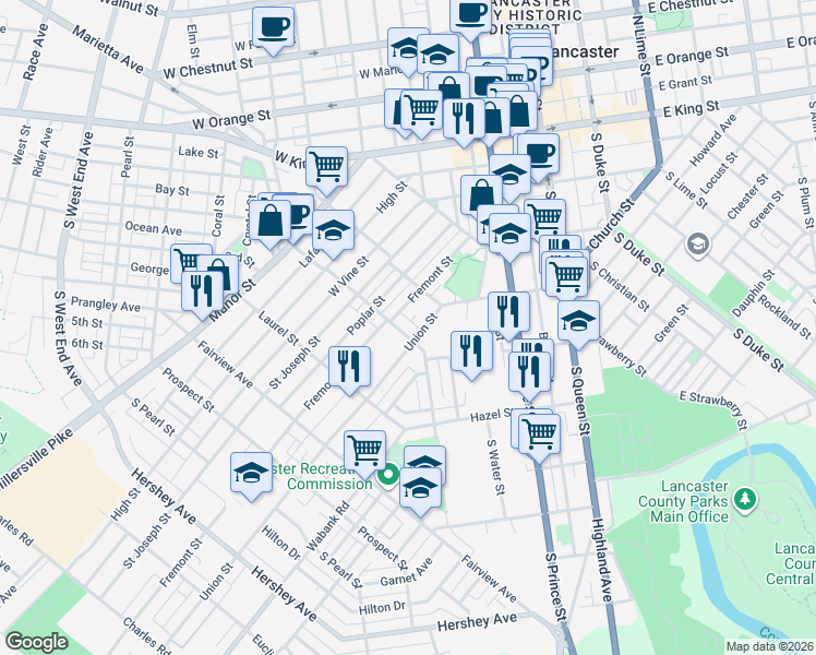 map of restaurants, bars, coffee shops, grocery stores, and more near 317 New Dorwart Street in Lancaster