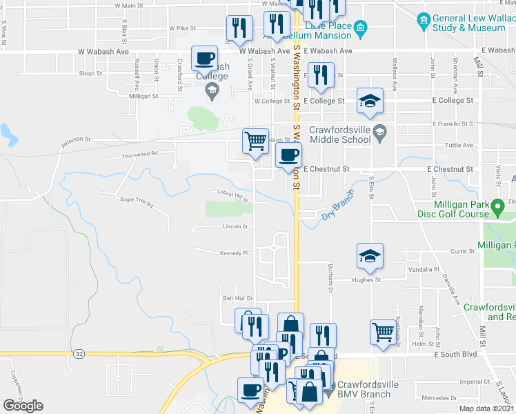 map of restaurants, bars, coffee shops, grocery stores, and more near 900 South Grant Avenue in Crawfordsville
