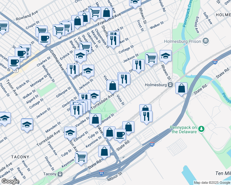 map of restaurants, bars, coffee shops, grocery stores, and more near Torresdale Ave & Vista St in Philadelphia