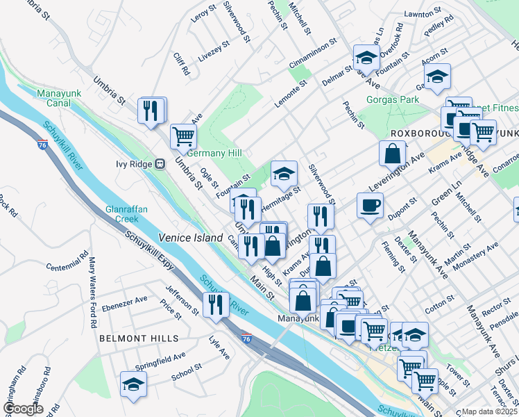 map of restaurants, bars, coffee shops, grocery stores, and more near 210 Hermitage Street in Philadelphia