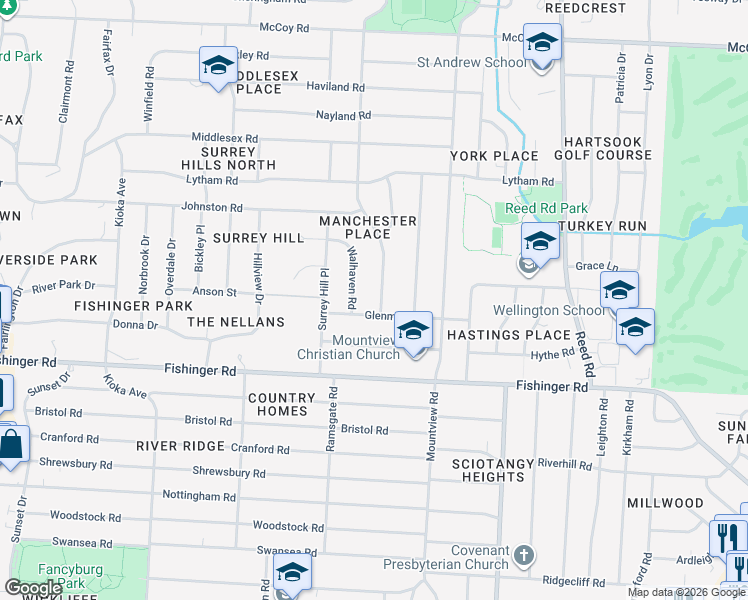 map of restaurants, bars, coffee shops, grocery stores, and more near 3753 Woodbridge Road in Columbus