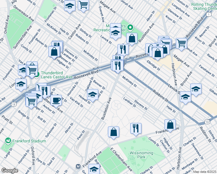 map of restaurants, bars, coffee shops, grocery stores, and more near 1985 Lardner Street in Philadelphia