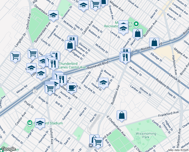 map of restaurants, bars, coffee shops, grocery stores, and more near 1531R East Comly Street in Philadelphia