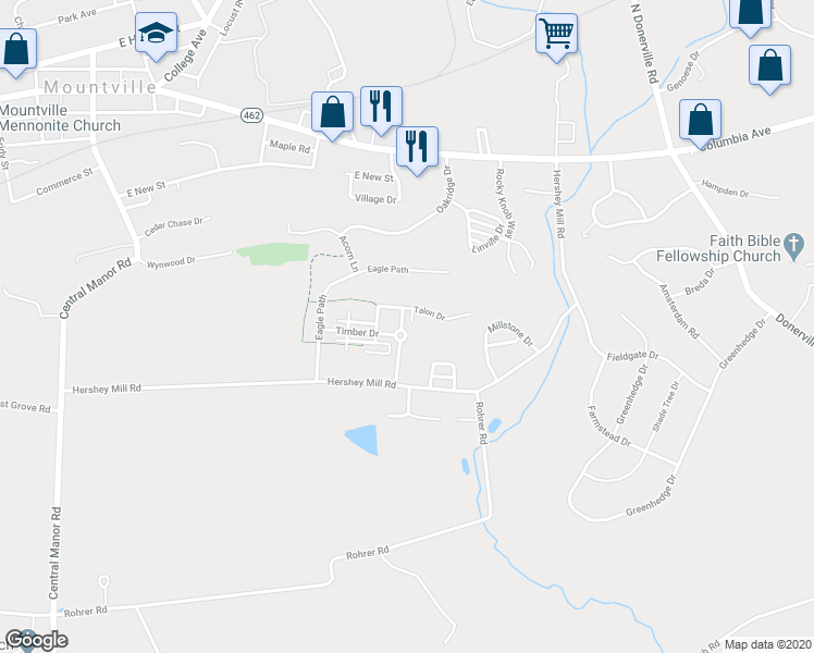 map of restaurants, bars, coffee shops, grocery stores, and more near 213 Landing Circle in Mountville