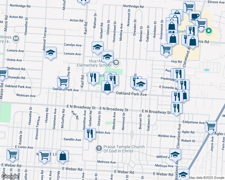 map of restaurants, bars, coffee shops, grocery stores, and more near 1480 Oakland Park Avenue in Columbus